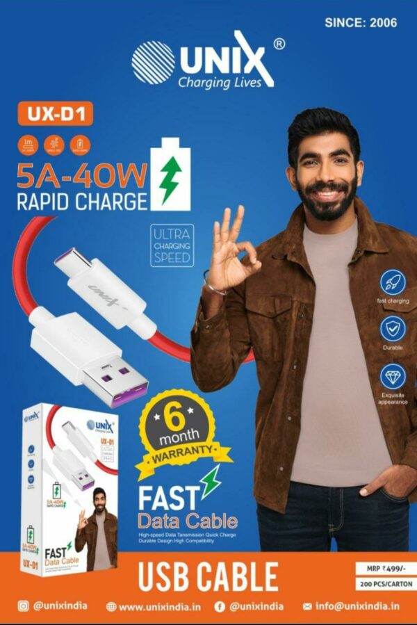 Unix UX-D1 5A-40W Rapid Charge Type-C Fast Data Cable
