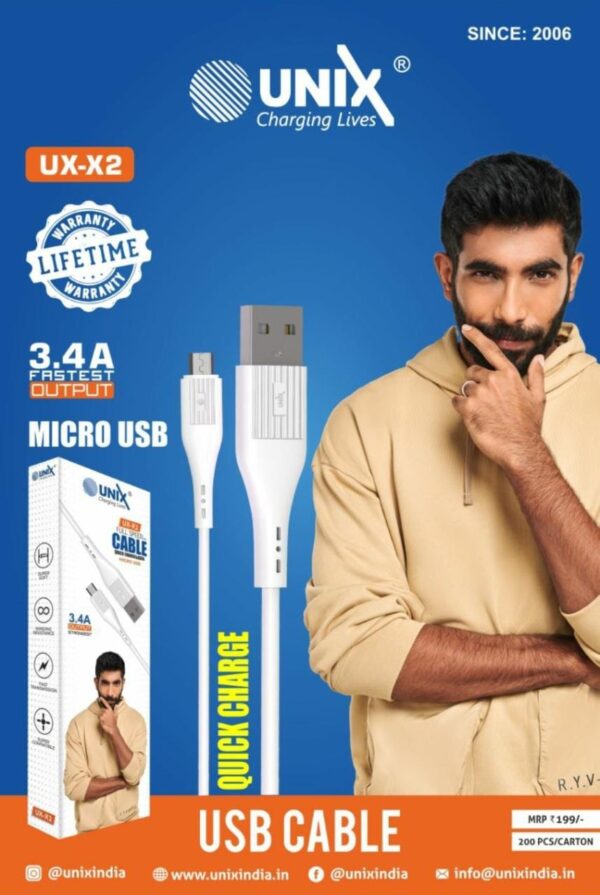 UNIX X2 3.4Amp Micro/V8  Charging Cable ( Life time Warranty)