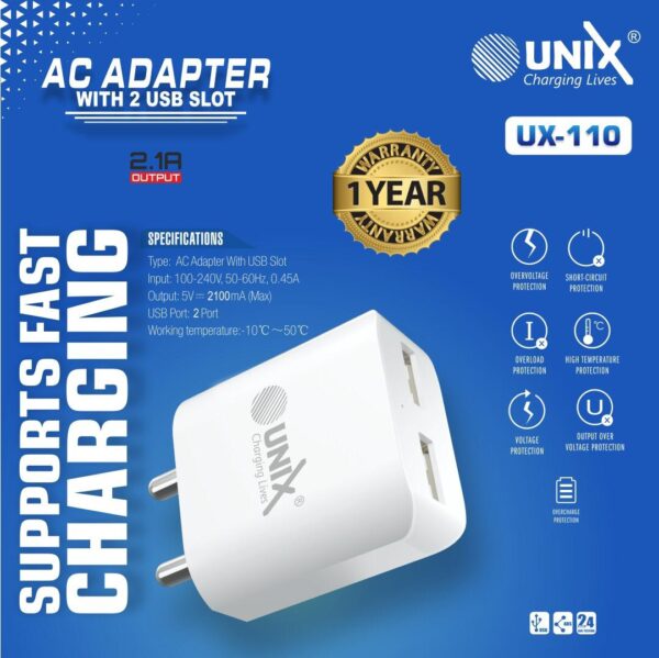 UNIX UX-110 (2.1AMP) 2 USB Fast Charge Adapter(Dock Only)